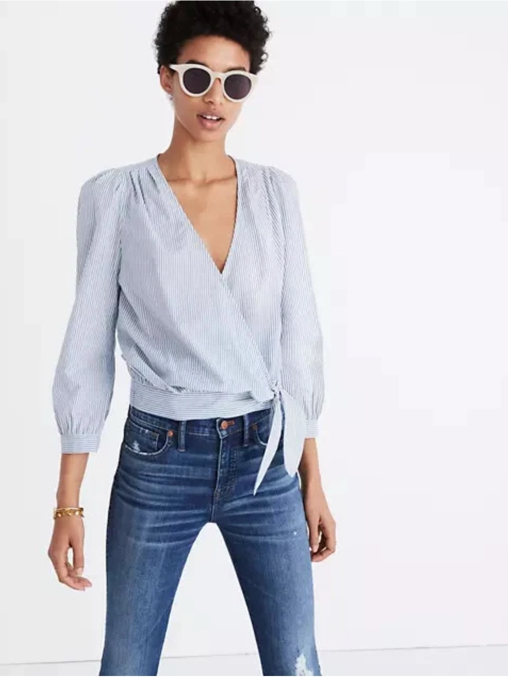 Madewell Wrap Top in Indigo Stripe Cotton Blue White Blouse size XS